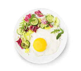 Plate with tasty fried egg and salad on white background