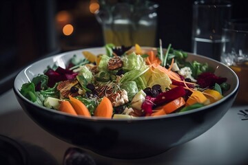 Fresh Vegetable Salad on Restaurant Table. Close up with Blurred Background and Copy Space for Food Images