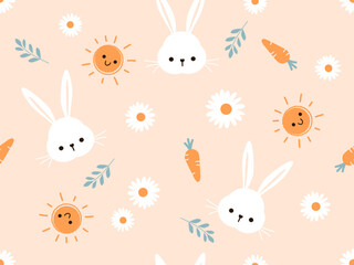 Seamless pattern with bunny rabbit, sun cartoon, carrot, leaves and daisy flower on orange background vector illustration.