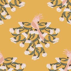 Beautiful hand painted cockatoo birds resting on eucalyptus flower bunch in pink and white over yellow background. Great for home decor, fabric, wallpaper, gift-wrap and stationery.
