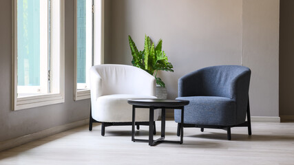 Living room with Armchair. Sofa and chair decoration in living room interior. Business interior in a office.