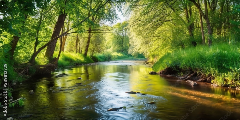 Poster view of the river flowing through the woods.colorful summer template. concept of recreation. generat