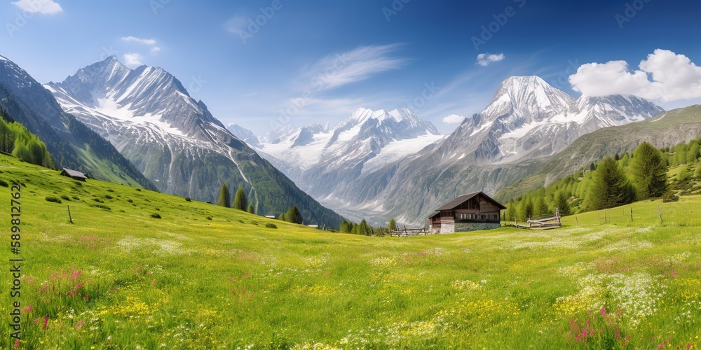 Poster Summer in the mountains, clouds at the level of mountains with a green field.Colorful summer template. Concept of recreation. Generative AI