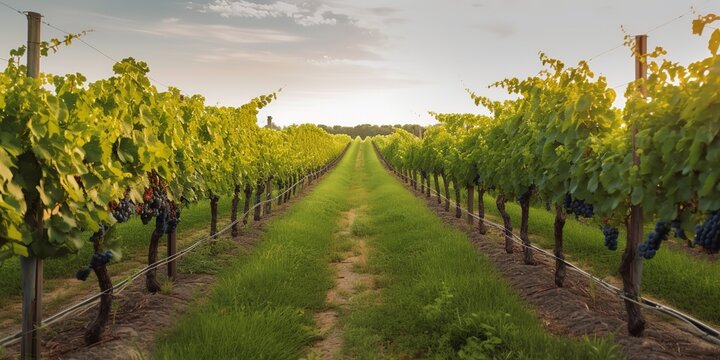 Summer landscape grape orchard, mature bunches of grapes.Colorful summer template. Concept of recreation. Generative AI