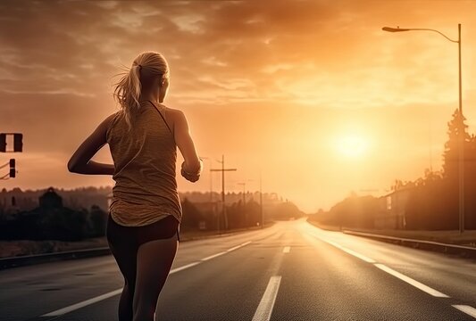 a female runner is running down the road by sunset, in the style of poster, luxurious, installation creator, photo taken with provia, low-angle, womancore, modern, illustration Generative AI