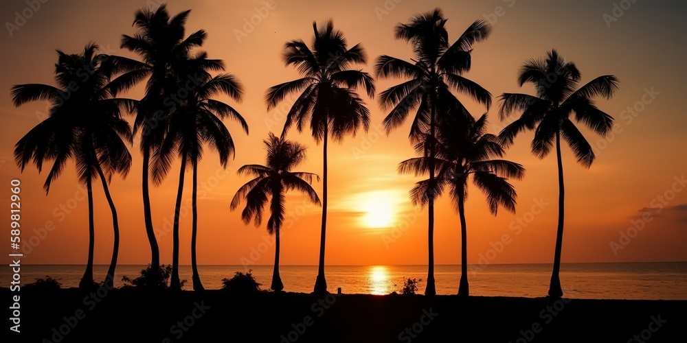 Poster the silhouette of palm trees at sunset.colorful summer template. concept of recreation. generative a