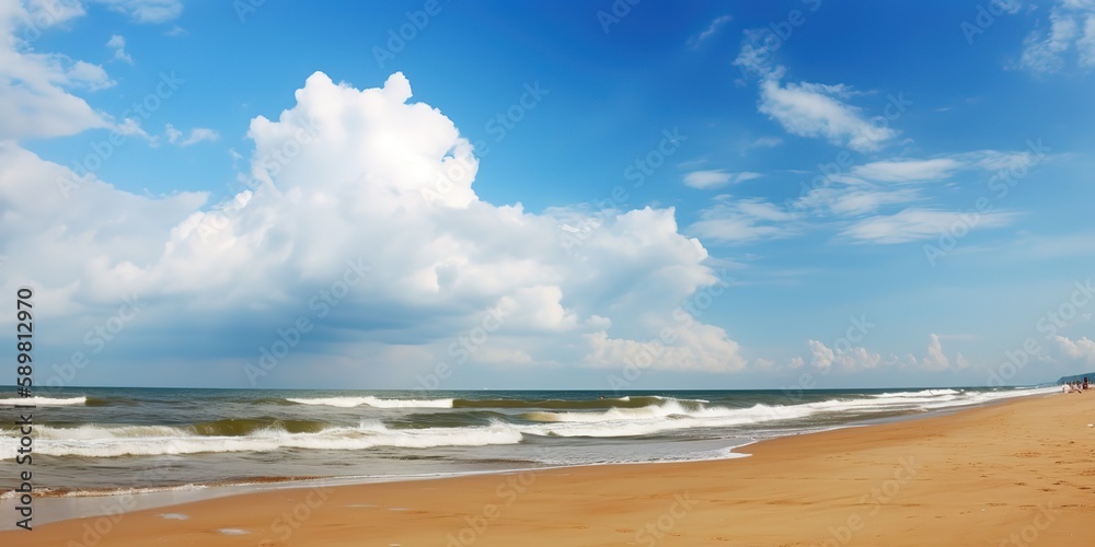 Poster Summer landscape of a sunny day on the beach with waves from the sea.Colorful summer template. Concept of recreation. Generative AI
