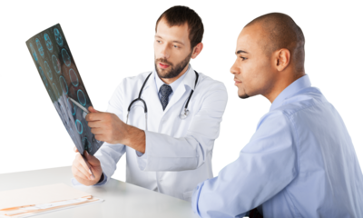 Doctor showing x-ray to patient isolated on white background