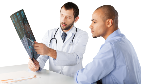 Doctor showing x-ray to patient isolated on white background