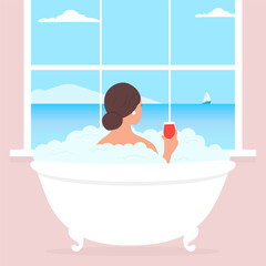 Relaxed woman taking bath, lying in foam bubbles. A lady with a wineglass enjoys the sea landscape. . Vector illustration