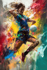 Fototapeta na wymiar This dynamic oil painting, created by artificial intelligence, captures the intensity and excitement of a soccer match in bold, expressive strokes. image created with generative AI.