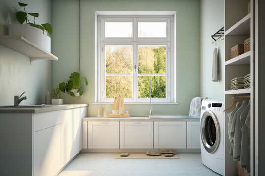 Elegant modern utility laundry room with washing machine, shower closet and wash basin. Created with Generative AI technology.
