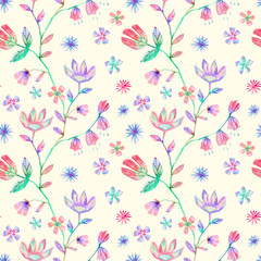 Watercolor flowers seamless pattern. Pink red violet floral repeat print on ivory background. Fantasy plant illustration for textile, wallpaper, fabric, wrapping paper.