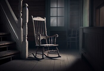 empty rocking chair on its own in an old attic, concept of Haunted and Eerie, created with Generative AI technology