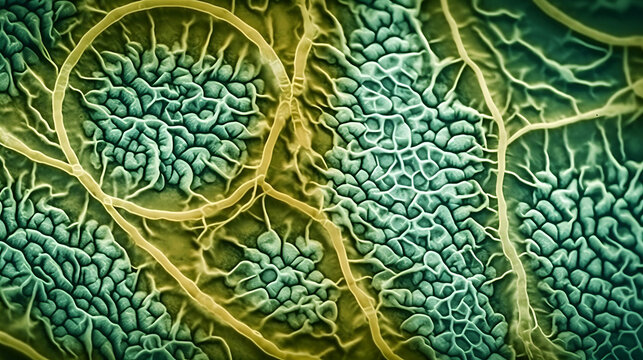 Abstract texture botanical green background with leaf plant cells close up selective focus copy space design generative AI