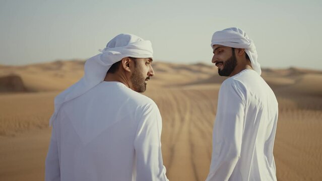 Two friends making the safari in the Dubai desert. Locals with kandura white outfit spending time together on the dunes in sharjah. Concept about traveling in the united arab emirates