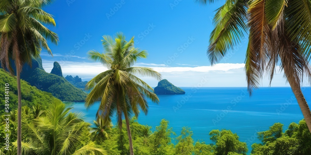 Poster summer picture of the sun's rays breaking through the leaves of a palm tree.colorful summer template