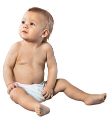 Cute Toddler in Diaper Sitting on The Floor - Isolated