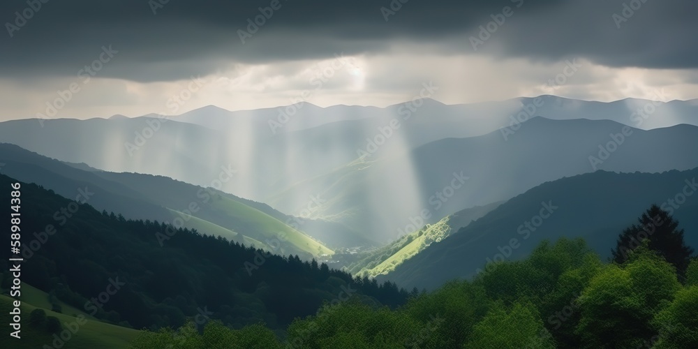 Aufkleber The mountain elevation is green.Colorful summer template. Concept of recreation. Generative AI