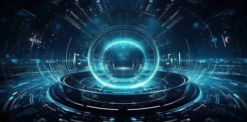 Fototapeta premium modern technology circle background or abstract image, in the style of rtx on, blueprint, circuitry, lens flare, light navy and sky-blue, Illustration Generative AI
