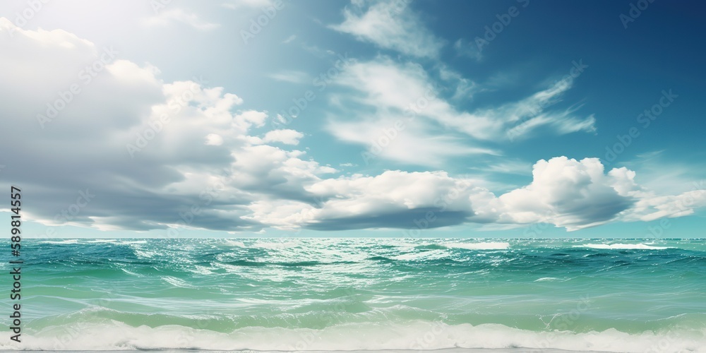 Poster summer landscape of a sunny day on the beach with waves from the sea.colorful summer template. conce
