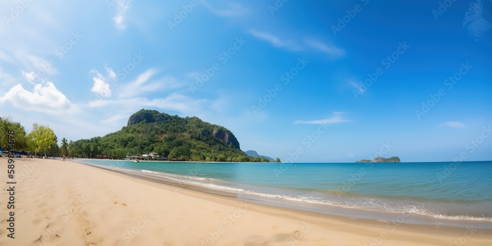 Poster summer landscape of a sunny day on the beach with waves from the sea.colorful summer template. conce