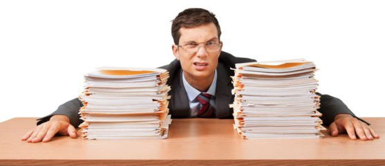 Portrait of an Unhappy Employee Behind a Stack of Documents