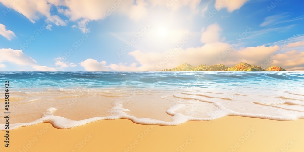 Poster Summer landscape of a sunny day on the beach with waves from the sea.Colorful summer template. Concept of recreation. Generative AI
