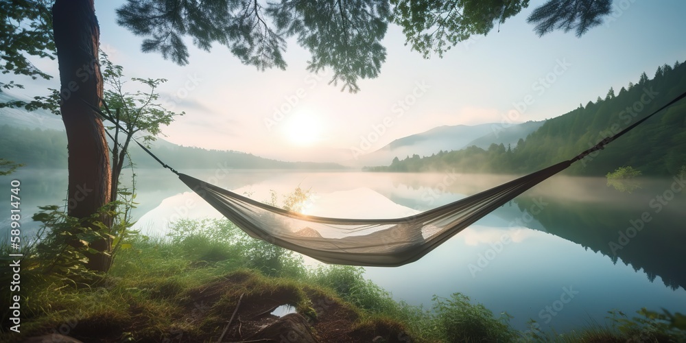 Poster summer landscape with a hammock near the river.colorful summer template. concept of recreation. gene