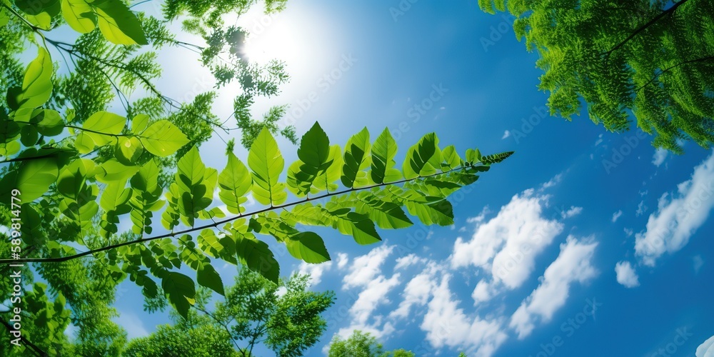 Poster View of the treetops and the blue sky.Colorful summer template. Concept of recreation. Generative AI