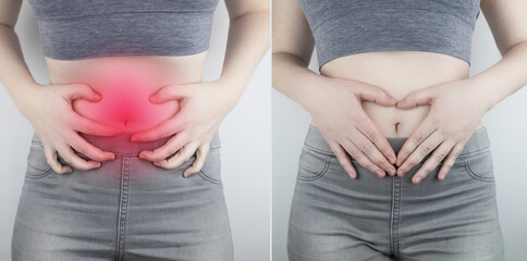 Before and after abdominal pain. On the left is a photo of how the person is hurt stomach, and on the right, that everything is fine for him and the abdominal cavity does not hurt anymore. Spasms