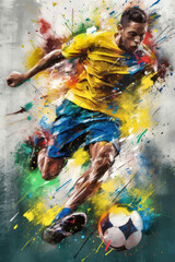 Fototapeta na wymiar This dynamic oil painting, created by artificial intelligence, captures the intensity and excitement of a soccer match in bold, expressive strokes. image created with generative AI.