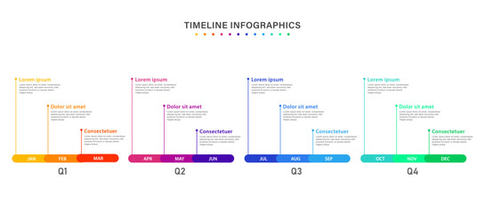 Infographic timeline template for 1 year. Business infographic timeline design with 12 steps or options. Can be used for workflows, calendar layouts, diagrams, presentations. Vector illustration