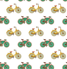 Vintage bicycle for sport in green yellow red color seamless pattern. Retro bike concept for World Bicycle Day, Car Free Day, Bike to Work Day, Cycle to Work Day. Generative AI