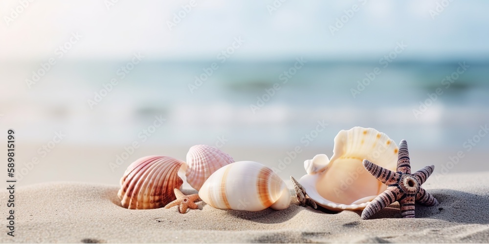 Poster a fantastic picture of a sandy beach with various seashells.colorful summer template. concept of rec