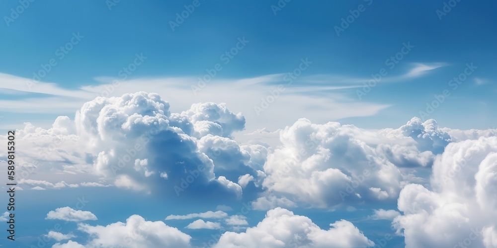 Poster Cloudy sky with sun rays.Colorful summer template. Concept of recreation. Generative AI