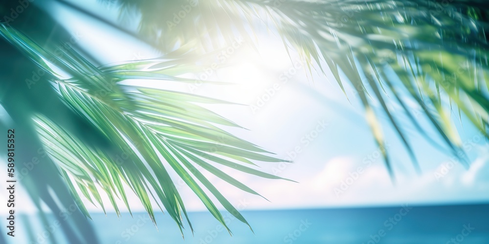 Poster summer picture of the sun's rays breaking through the leaves of a palm tree.colorful summer template