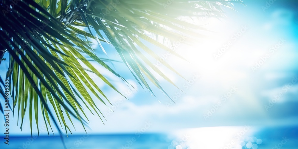 Poster Summer picture of the sun's rays breaking through the leaves of a palm tree.Colorful summer template. Concept of recreation. Generative AI