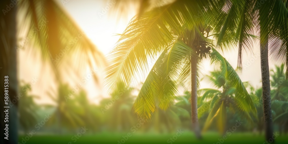 Poster summer picture of the sun's rays breaking through the leaves of a palm tree.colorful summer template