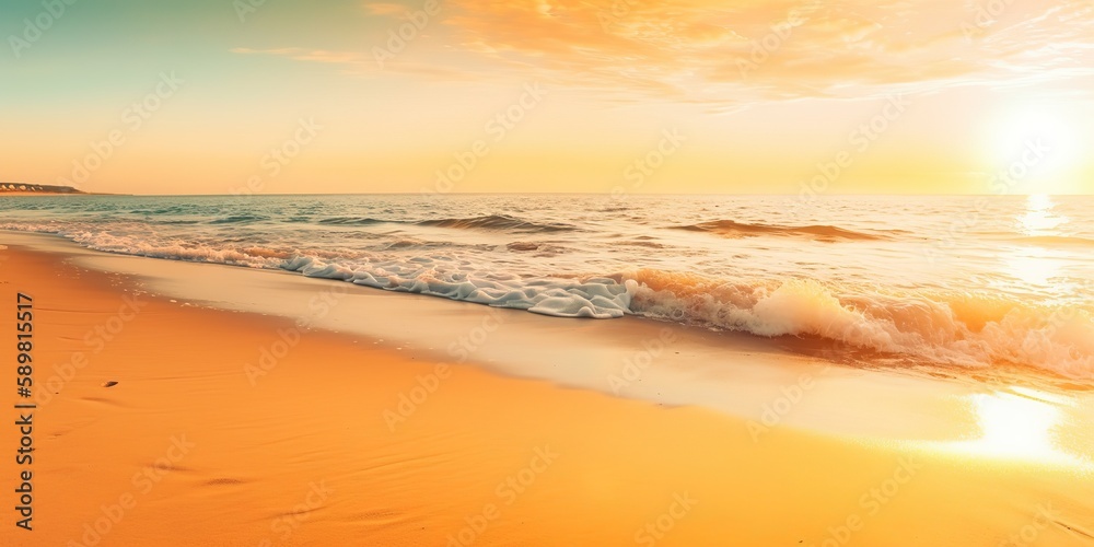 Poster summer landscape of a sunny day on the beach with waves from the sea.colorful summer template. conce