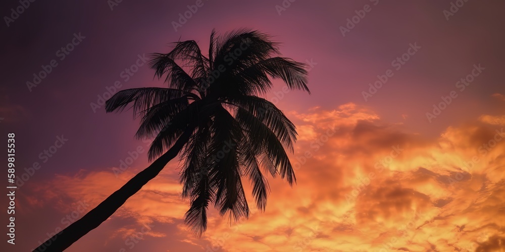 Poster the silhouette of palm trees at sunset.colorful summer template. concept of recreation. generative a