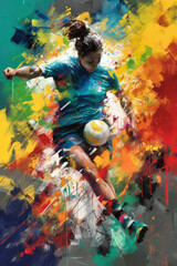 Obraz na płótnie Canvas This dynamic oil painting, created by artificial intelligence, captures the intensity and excitement of a soccer match in bold, expressive strokes. image created with generative AI.