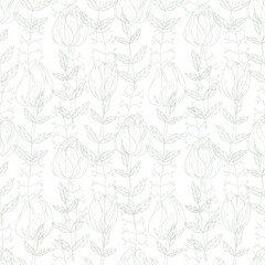 Seamless spring pattern, silhouettes of tulips and leaves on a white background. Printing for printing, T-shirts and textiles. Wrapping paper. In light green tones.