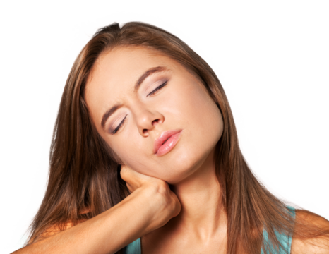 Woman suffering from neck pain isolated on white - Powered by Adobe