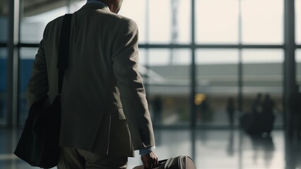 Man in business clothing with luggage in the airport with Generative AI.	