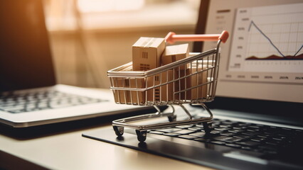 E-commerce. Shopping cart with cardboard boxes with Generative AI.