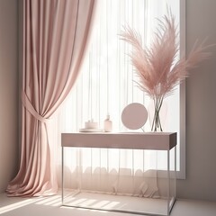 Empty modern, minimal and luxury pink dressing table top, vase of pampas, curtain in white wall bedroom with sunlight and leaf shadow for beauty, cosmetic product display background