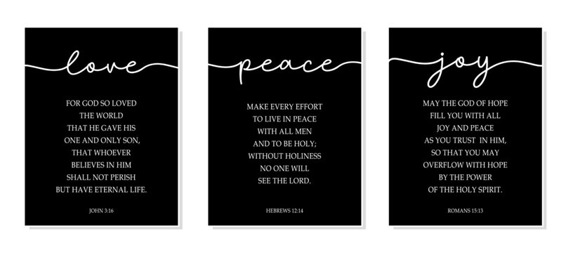 Love, Peace, Joy. Vector quote with symbols. Lettering typography poster christian words: love, peace, joy. Modern design frame. Vector word illustration. Wall art bedroom, wall decor.