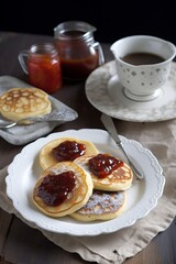 pancakes with red jam, ai generated, Generative AI