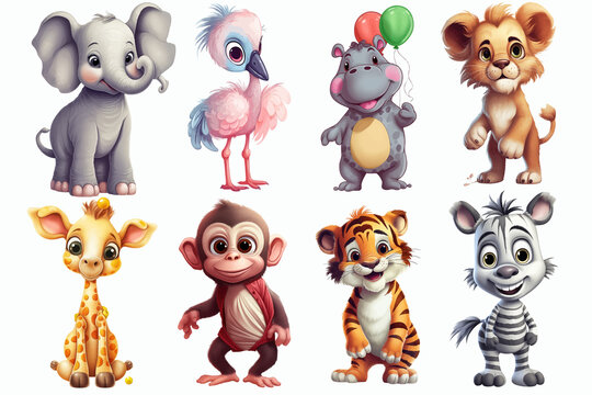 Safari Animal set zebra, giraffe, hippo, lion, flamingo, monkey, elephant and tiger in 3d style. Isolated. Generative AI